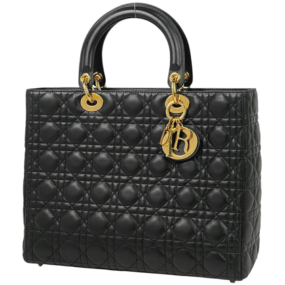 Christian Dior Lady Cannage Handbag Leather Black